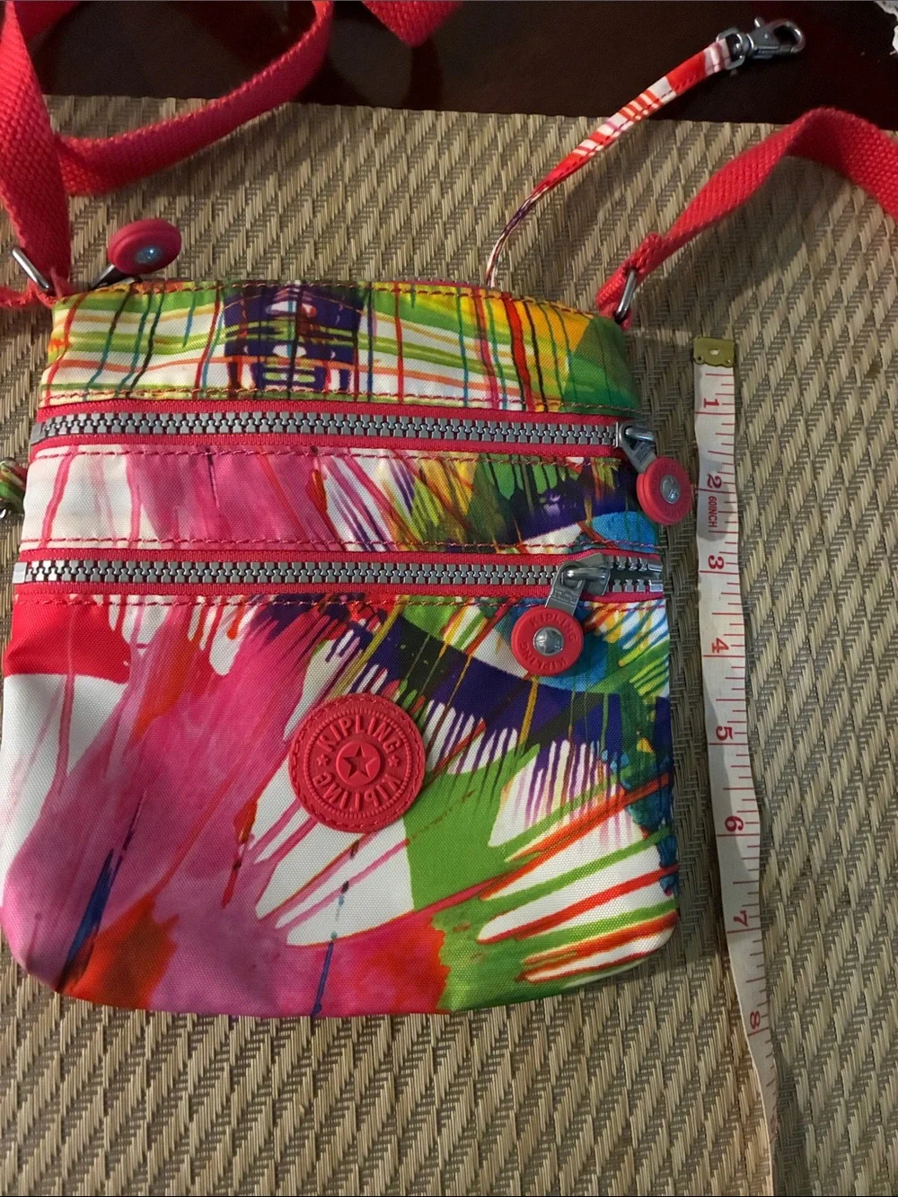 Kipling Bright Multicolor Paint-Stripe Crossbody with Pink Strap